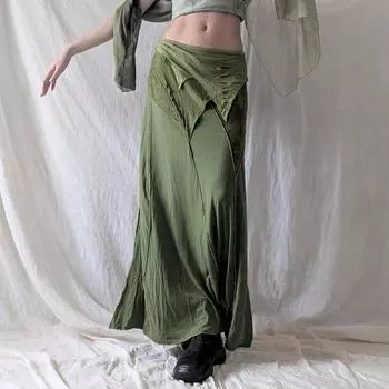 Женская ретро-стиль, нерегулярная лоскутная длинная юбка-рыбий хвост в стиле пикантной девушки с нишевым дизайном, разрез до середины тела S зелёный