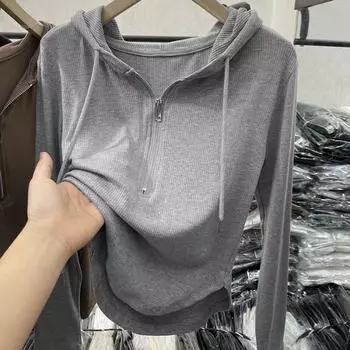 Женская ретро-трендовая однотонная модель, универсальная, полузастежка-молния, индивидуальный капюшон, длинные рукава, прошитая нитью, повседневный весенне-осенний стиль S чёрный