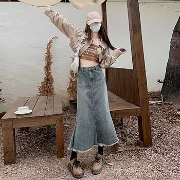 Женская ретро-юбка из денима с высокой талией, юбка средней длины с защипами и вырезом «рыбий хвост» S синий