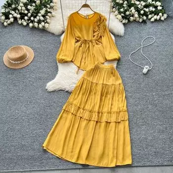 Женская ретро-юбка Royal Sister Simple Temperament с рукавами-фонариками и эластичной талией для похудения One size жёлтый