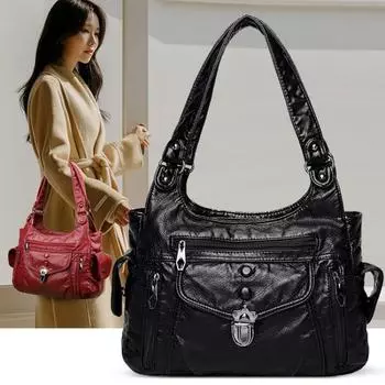 Женская ретро вместительная сумка через плечо женская роскошная черная классическая сумка через плечо качественная кожаная женская большая сумка-тоут для поездок на работу чёрный