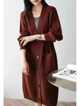 Женская ретро вязаная куртка-кардиган - осень/зима, свободный свитер средней длины, верхняя одежда One Size вино красного
