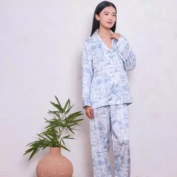 Женская роскошная домашняя одежда, ночное белье, синяя пижама с принтом из 2 предметов, весенне-осенняя свободная повседневная одежда для сна, женская атласная домашняя одежда M синий