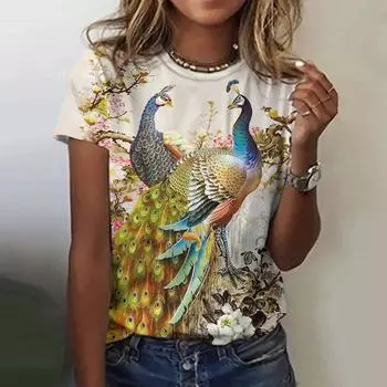 Женская роскошная футболка, летние топы с 3D принтом павлина, футболки, повседневные пуловеры с короткими рукавами, модная футболка большого размера, женская одежда Asian size XXXXXXL