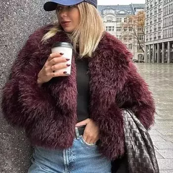 Женская роскошная пушистая куртка из искусственного меха осень-зима с лацканами и длинным рукавом, свободные толстые теплые пальто, модная уличная верхняя одежда S бордовый