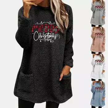 Женская рождественская флисовая блузка с длинным рукавом, топы, свободный рождественский пуловер, рубашка с карманом S чёрный