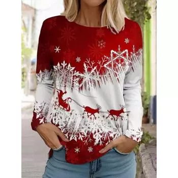 Женская рождественская футболка с длинными рукавами с 3D-принтом, с круглым вырезом и длинными рукавами, осенняя одежда с изображением животных, праздничная подарочная одежда, модная футболка для вечеринки S