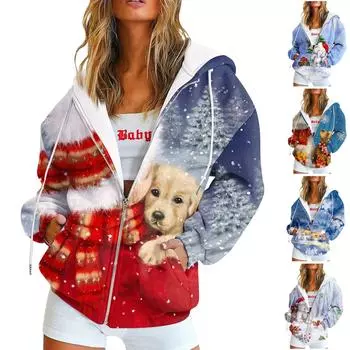 Женская рождественская модная свободная повседневная куртка-свитер с длинными рукавами и капюшоном XXL