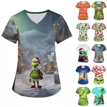 Женская рождественская печатная рабочая форма с V-образным вырезом и карманом, защитная рабочая форма XL циан