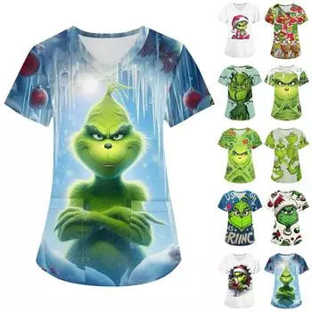 Женская рождественская печатная рабочая форма с V-образным вырезом и карманом, защитная рабочая форма XL