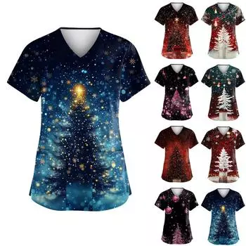 Женская рождественская печатная рабочая униформа с V-образным вырезом и карманом, защитная униформа XL чёрный