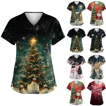 Женская рождественская печатная рабочая униформа с V-образным вырезом и карманом, защитная униформа XXXL