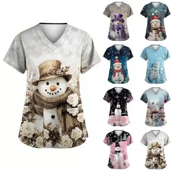 Женская рождественская печатная рабочая униформа с V-образным вырезом и карманом, защитная униформа M