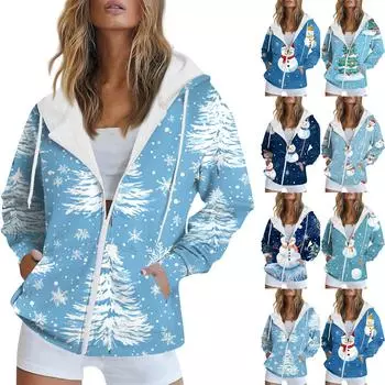 Женская рождественская печатная толстовка осень-зима с длинным рукавом кардиган куртка с карманами на молнии толстовка с капюшоном верхняя одежда XXL красный