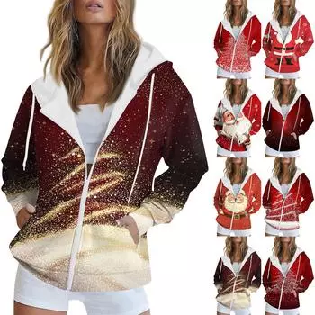 Женская рождественская печатная толстовка осень-зима с длинным рукавом кардиган куртка с карманами на молнии толстовка с капюшоном верхняя одежда XXL фиолетовый