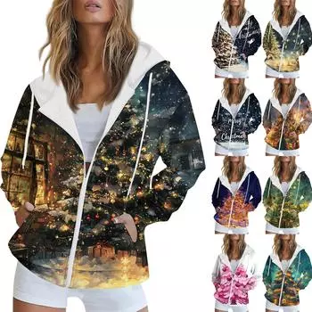 Женская рождественская печатная толстовка осень-зима с длинным рукавом кардиган куртка с карманами на молнии толстовка с капюшоном верхняя одежда S