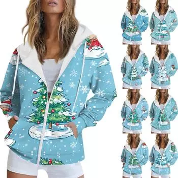 Женская рождественская печатная толстовка осень-зима с длинным рукавом кардиган куртка с карманами на молнии толстовка с капюшоном верхняя одежда L