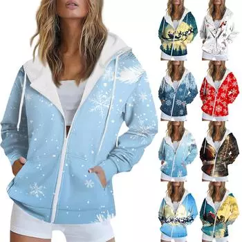 Женская рождественская печатная толстовка осень-зима с длинным рукавом кардиган куртка с карманами на молнии толстовка с капюшоном верхняя одежда XL