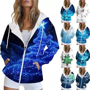 Женская рождественская печатная толстовка осень-зима с длинным рукавом кардиган куртка с карманами на молнии толстовка с капюшоном верхняя одежда XXL