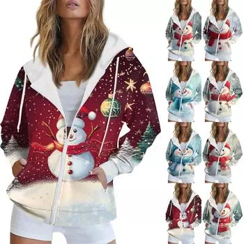 Женская рождественская печатная толстовка осень-зима с длинным рукавом кардиган куртка с карманами на молнии толстовка с капюшоном верхняя одежда S