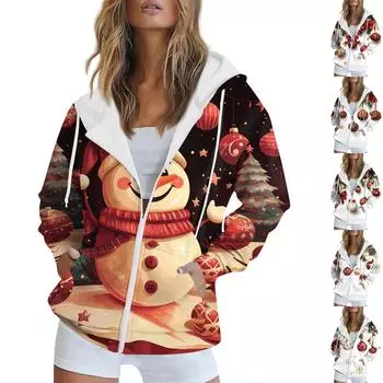 Женская рождественская печатная толстовка осень-зима с длинным рукавом кардиган куртка с карманами на молнии толстовка с капюшоном верхняя одежда S киноварь