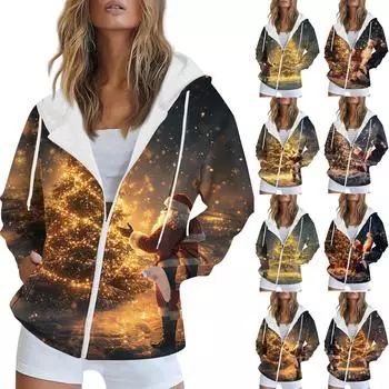 Женская рождественская печатная толстовка осень-зима с длинным рукавом кардиган куртка с карманами на молнии толстовка с капюшоном верхняя одежда XL розовый