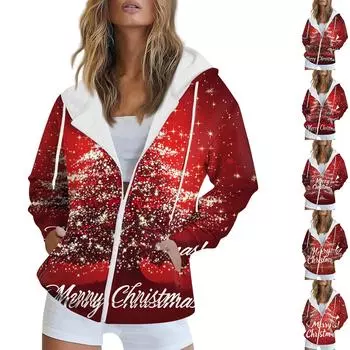 Женская рождественская печатная толстовка осень-зима с длинным рукавом кардиган куртка с карманами на молнии толстовка с капюшоном верхняя одежда M