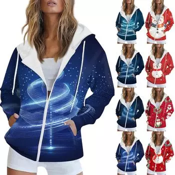 Женская рождественская печатная толстовка осень-зима с длинным рукавом кардиган куртка с карманами на молнии толстовка с капюшоном верхняя одежда S