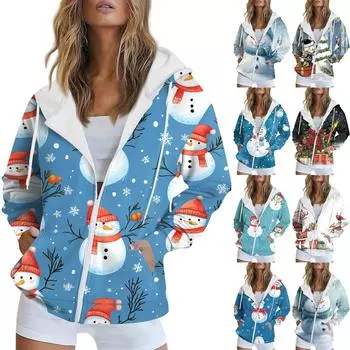 Женская рождественская печатная толстовка осень-зима с длинным рукавом кардиган куртка с карманами на молнии толстовка с капюшоном верхняя одежда S