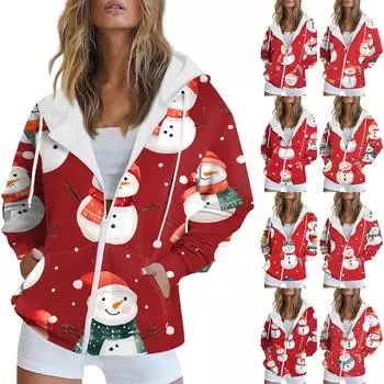 Женская рождественская печатная толстовка осень-зима с длинным рукавом кардиган куртка с карманами на молнии толстовка с капюшоном верхняя одежда S