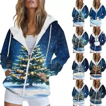 Женская рождественская печатная толстовка осень-зима с длинным рукавом кардиган куртка с карманами на молнии толстовка с капюшоном верхняя одежда M
