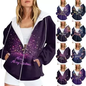 Женская рождественская печатная толстовка осень-зима с длинным рукавом кардиган куртка с карманами на молнии толстовка с капюшоном верхняя одежда M красный
