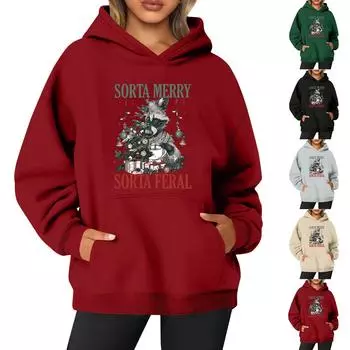 Женская рождественская печатная толстовка с капюшоном, длинный рукав, повседневная, удобная, свободная толстовка XXL хаки