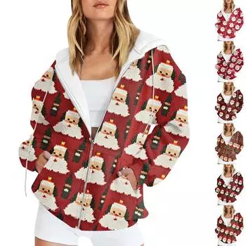Женская рождественская печатная толстовка, зимняя куртка-кардиган с длинными рукавами и карманами, на молнии, толстовка с капюшоном, верхняя одежда S фиолетовый