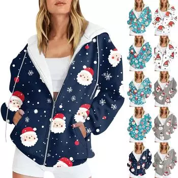 Женская рождественская печатная толстовка, зимняя куртка-кардиган с длинными рукавами и карманами, на молнии, толстовка с капюшоном, верхняя одежда L фиолетовый