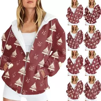 Женская рождественская печатная толстовка, зимняя куртка-кардиган с длинными рукавами и карманами, на молнии, толстовка с капюшоном, верхняя одежда L