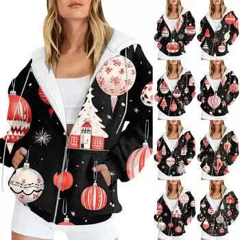 Женская рождественская печатная толстовка, зимняя куртка-кардиган с длинными рукавами и карманами, на молнии, толстовка с капюшоном, верхняя одежда XXL