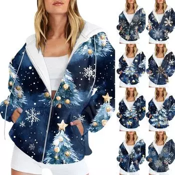 Женская рождественская печатная толстовка, зимняя куртка-кардиган с длинными рукавами и карманами, на молнии, толстовка с капюшоном, верхняя одежда XXL розовый