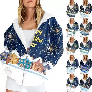 Женская рождественская печатная толстовка, зимняя куртка-кардиган с длинными рукавами и карманами, на молнии, толстовка с капюшоном, верхняя одежда L
