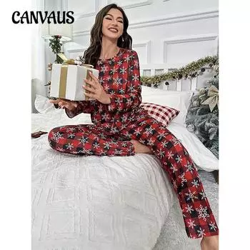 Женская рождественская пижама, женская домашняя одежда, молочный шелк с принтом, длинный рукав, длинные брюки, пижамный костюм S