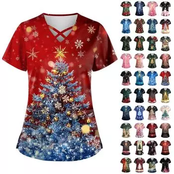 Женская рождественская принтованная рабочая униформа с V-образным вырезом и карманом, защитная рабочая униформа M