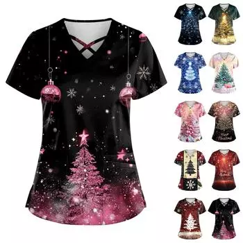 Женская рождественская принтованная рабочая униформа с V-образным вырезом и карманом, защитная рабочая униформа S чёрный