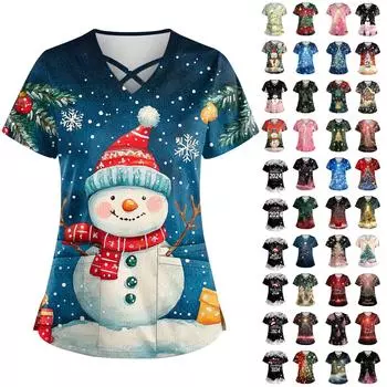 Женская рождественская принтованная рабочая униформа с V-образным вырезом и карманом, защитная рабочая униформа XXXXXL