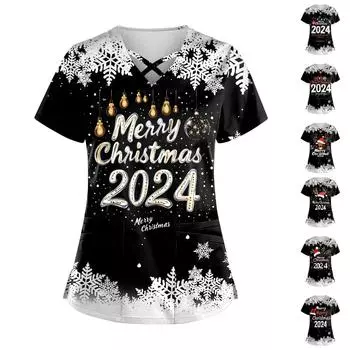 Женская рождественская принтованная рабочая униформа с V-образным вырезом и карманом, защитная рабочая униформа S