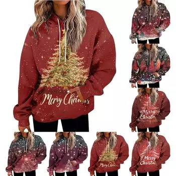 Женская рождественская принтовая объемная толстовка с завязками и карманом, модный свитер, топы, модная одежда M