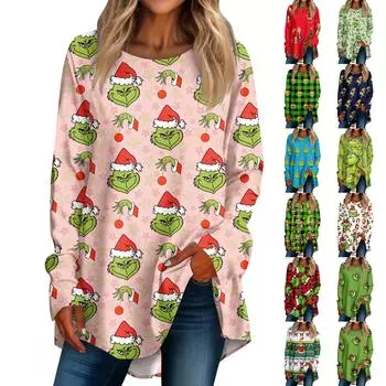 Женская рождественская принтовая рубашка с длинным рукавом, круглый вырез, пуловер, футболка, топ, пуловер XXL красный