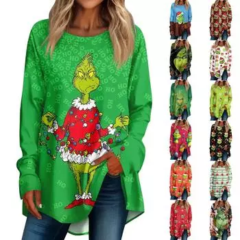 Женская рождественская принтовая рубашка с длинным рукавом, круглый вырез, пуловер, футболка, топ, пуловер S