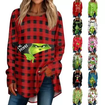 Женская рождественская принтовая рубашка с длинным рукавом, круглый вырез, пуловер, футболка, топ, пуловер L армия зеленый