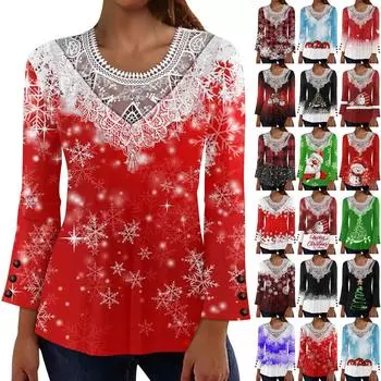 Женская рождественская рубашка-блузка с круглым вырезом и кружевным принтом, с длинным рукавом, повседневная, праздничная, базовая, на пуговицах L чёрный