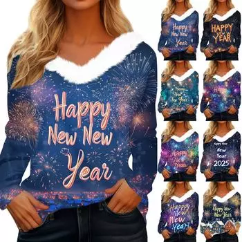 Женская рождественская рубашка с длинным рукавом и принтом V-образным вырезом, повседневная свободная футболка, топы M синий